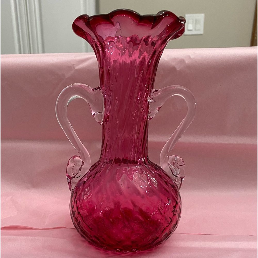 Vintage 1970’s Hand Blown Cranberry Glass Double Handle Vase